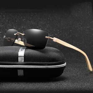Men Sunglasses Hip Hop Shades Metal Gold‎ Black Lens Frameless Classic Outdoor